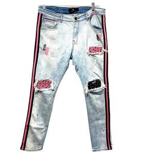Focus Jeans With Pink/Black Stripe Bandana Patches Paint Splattered Distressed